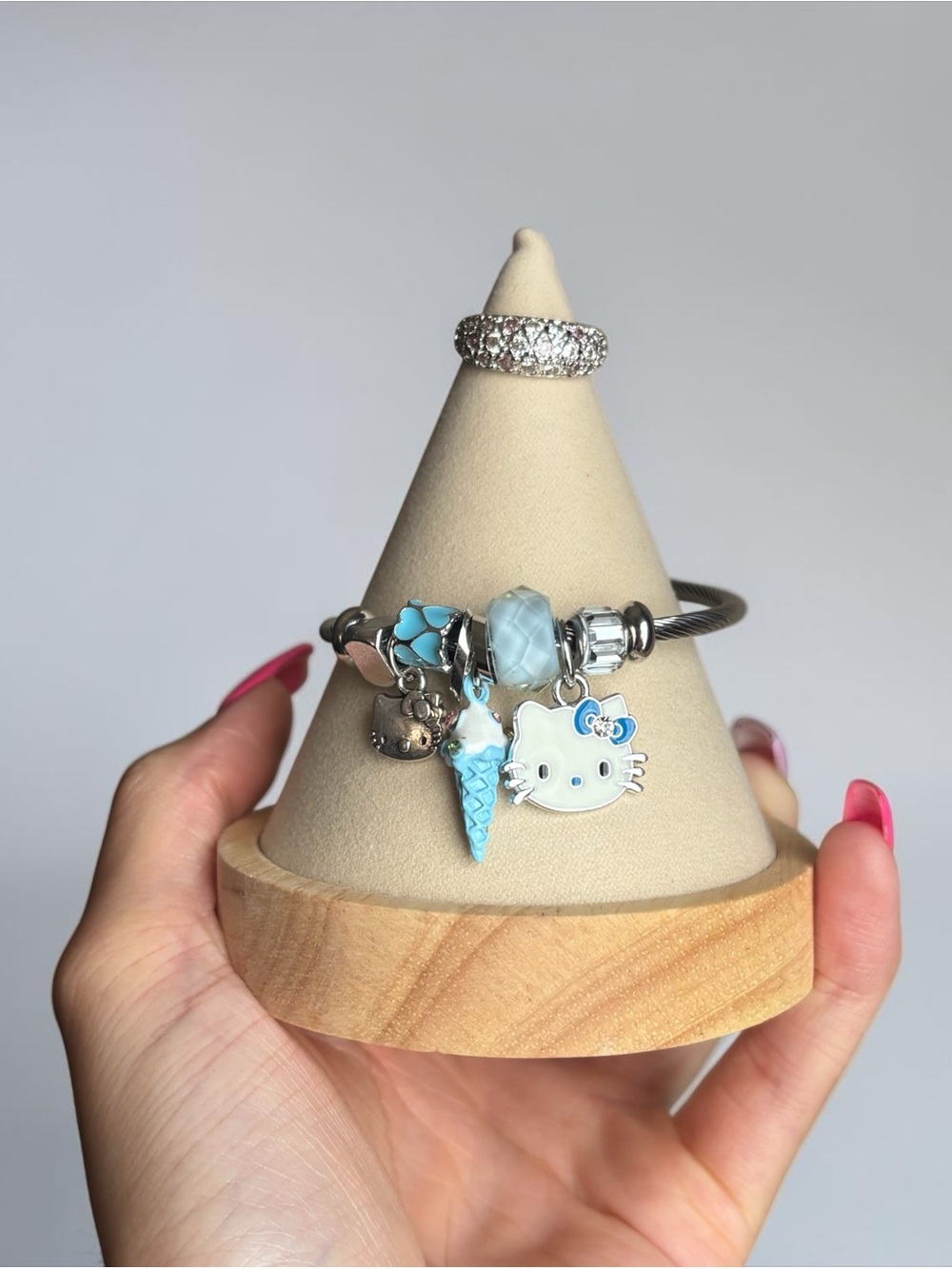 Silver Stainless Steel Hello Kitty Charm Bracelet with Ring